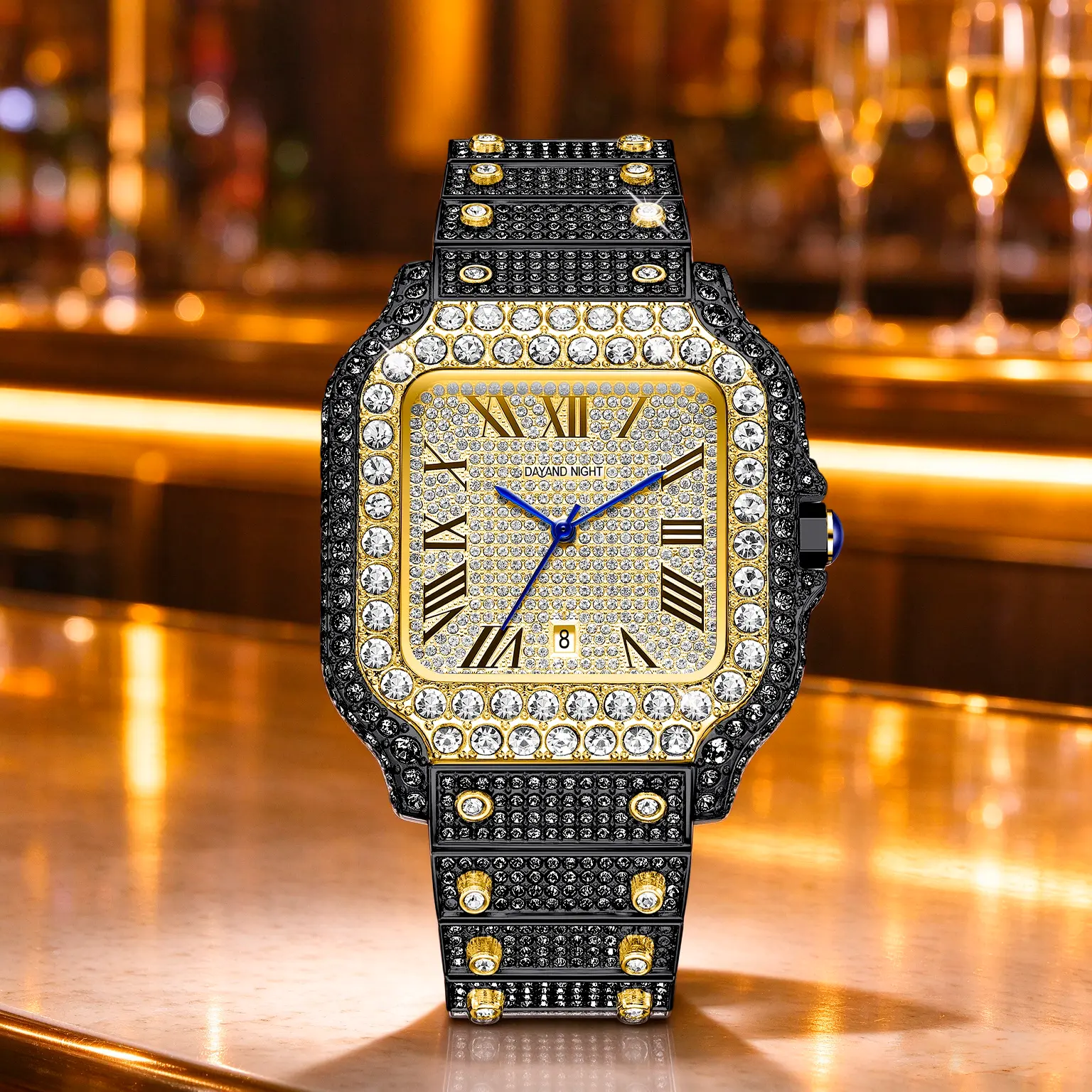 Black Gold Bling Watch for Men, 42mm Square Face Quartz Wristwatch with Sparkling Rhinestone Dial, Gold Tone Bezel, Black Metal Bracelet, Roman Numeral Markers, Date Display, Iced Out Hip Hop Streetwear Fashion Accessory