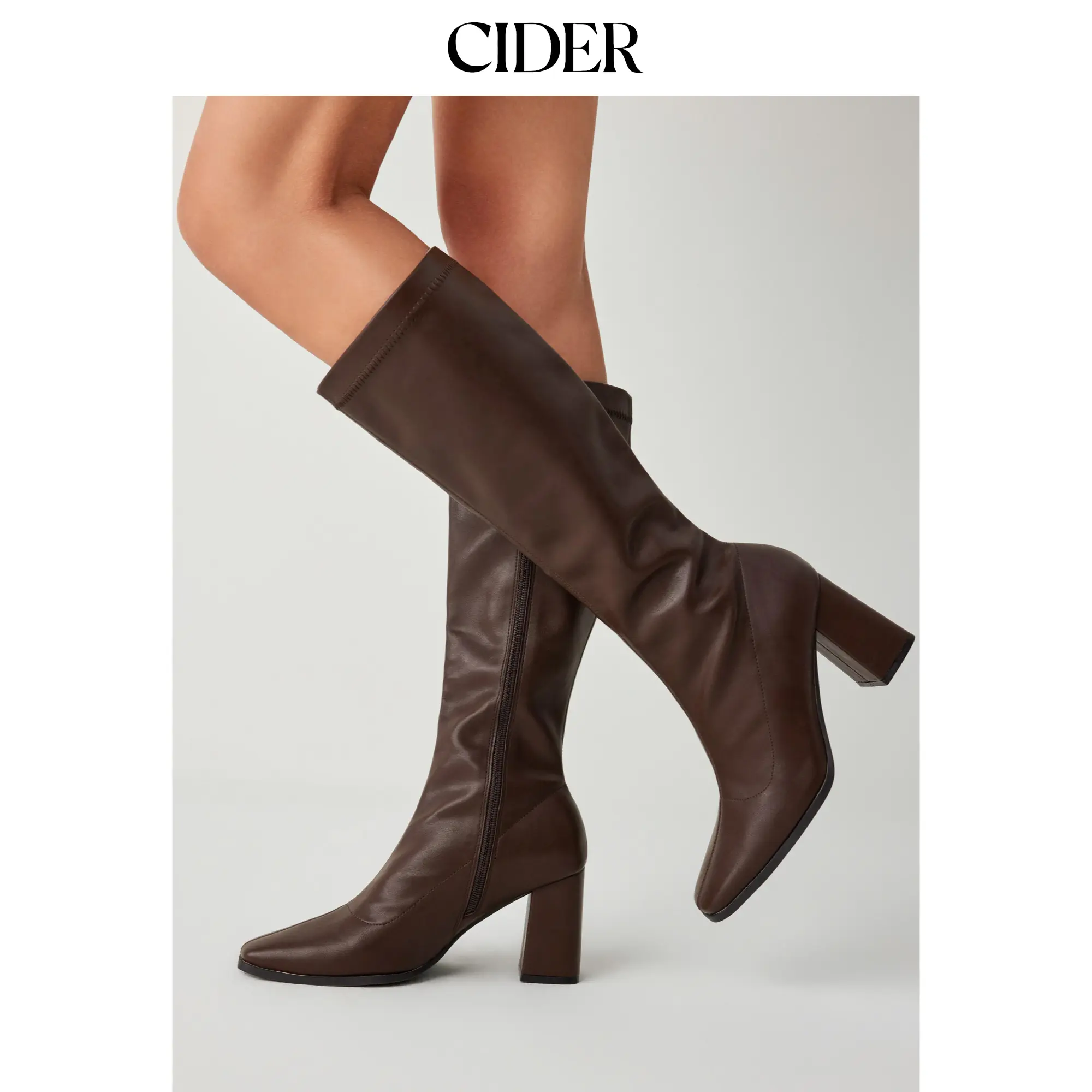Cider [3 colors, size 6-11] Classic Chunky Heeled Faux Leather Knee High Boots, Shoe, Footwear, Fashion, Plain, Street