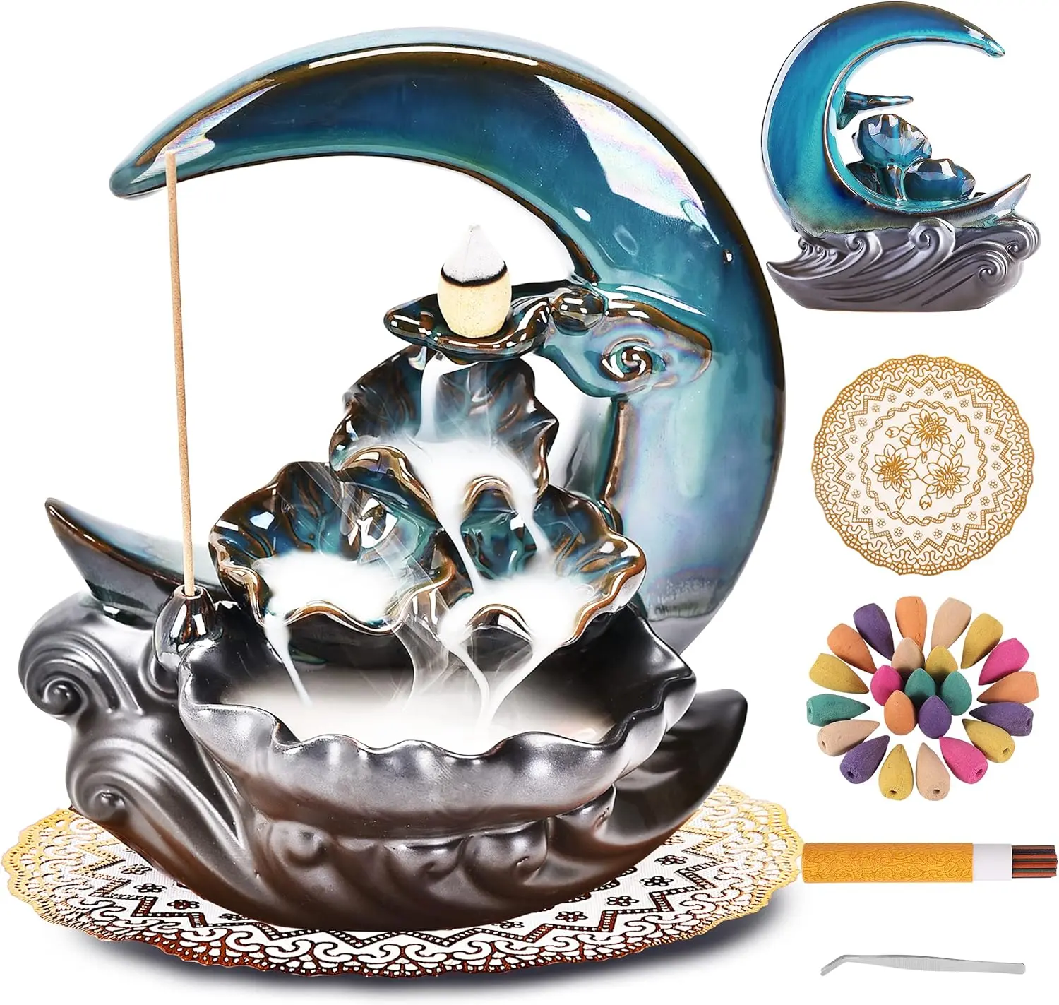 New Moon Backflow Incense Holder, Ceramic Hand-Made Incense Fountain Burner with 100 Backflow Incense Cones，Fragrance Incense Stick，mat，Aromatherapy Home Decoration Light Room Scented Perfume