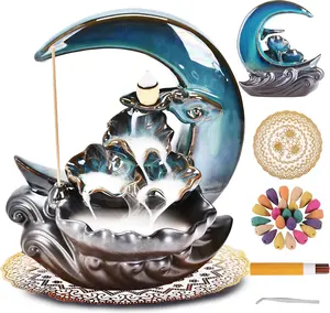 New Moon Backflow Incense Holder, Ceramic Hand-Made Incense Fountain Burner with 100 Backflow Incense Cones，Fragrance Incense Stick，mat，Aromatherapy Home Decoration Light Room Scented Perfume