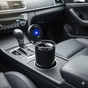 LED Atmosphere Lighter Tray with Anti-Spill Design, Stainless Steel Liner & Non-Slip Base. Easy Clean Car Ashtray, Durable Universal Fit for Car SUV Auto. Practical Smoking Accessory with Decorative Light. Single Pack Vehicle Decor.