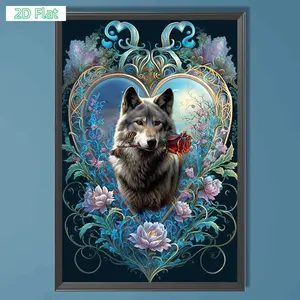 2D Flat DIY Full Round Drill Diamond Painting, Wolf with Rose Pattern Art Craft Kit, Wall Art Decor for Living Room Bedroom Home Decoration, Handmade Mosaic Craft 40x60cm