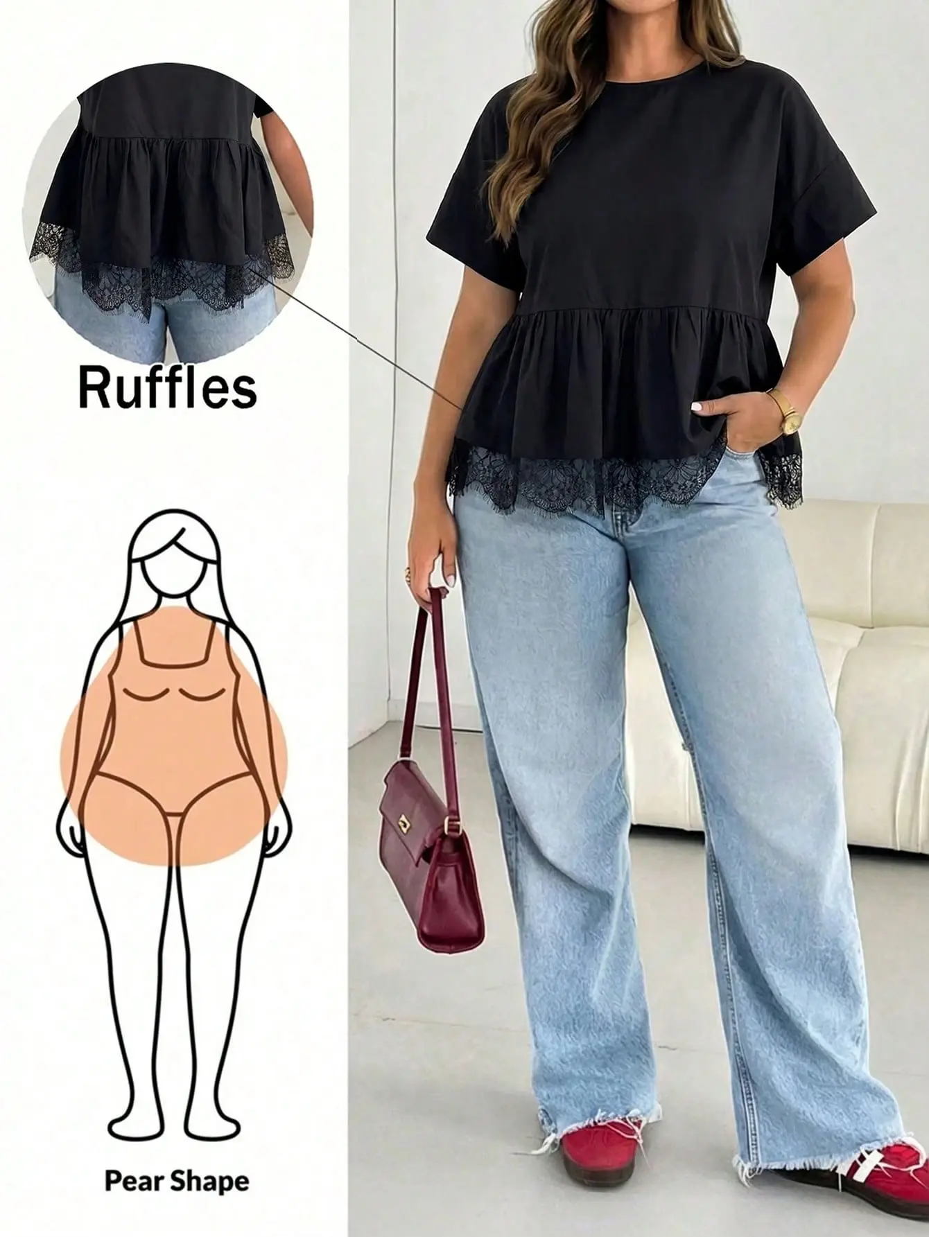 LALUZ Plus Size Babydoll Top Spring Summer Black Lace Trim Hem Short Sleeve Loose Comfortable Elegant Fashion Women's Cute Flowy