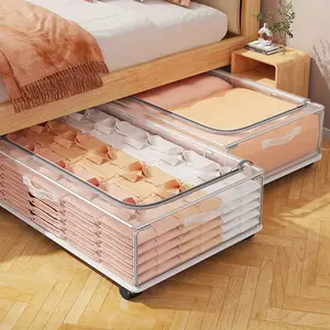 2pcs movable under-bed storage box with wheels, with cover, better storage items, wardrobe, bedroom, living room space-saving home box, bedroom clothes blanket storage box, under-bed storage drawer box., Under-Bed Storage