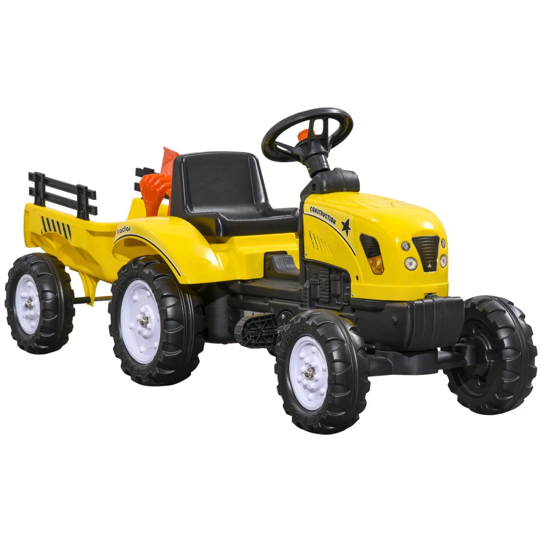 Kids Pedal-Powered Farm Tractor Ride-On Toy for 3-Year-Olds, Manual Pedal Car with Anti-Slip Wheels, Back Storage Trailer, Shovel, Rake, Horn, Fun Yellow Outdoor Play Accessory
