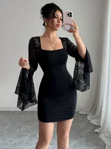 Elegant Women's Bodycon Dress, Flounce Sleeve Square Neck Lace Patchwork Split Thigh Party Dress, Perfect for Evening Events, Formal Wear