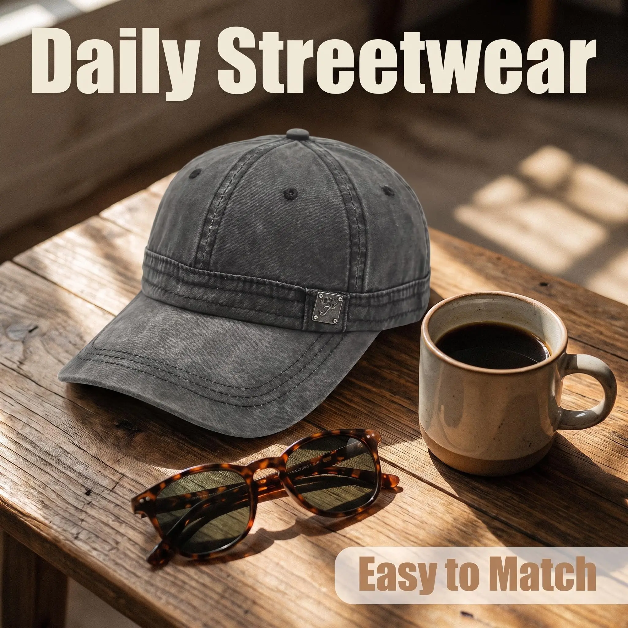 GUANHUA Dark Grey Washed Baseball Cap, Vintage Adjustable Unisex Street Outdoor Hat