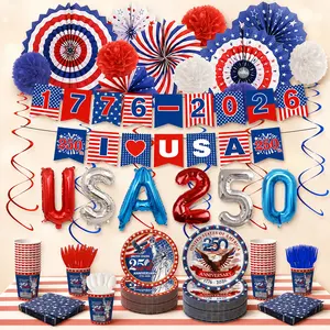 187PCS USA 250th Anniversary Patriotic Party Supplies Set – American Flag Plates, Cups, Napkins, Banner & Decorations for July 4th Party Serves 20