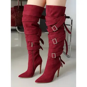 Katey Buckle Suede Wrap Over-the-Knee Boots - Burgundy Girl Women