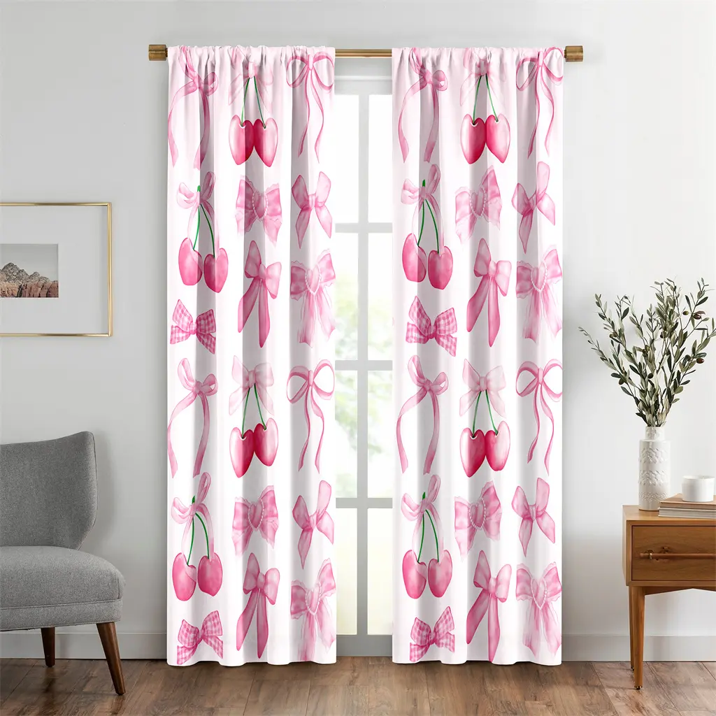 2-Piece Pink Fruit Curtains Floral Set - Red Cherry Bow Aesthetic Watercolor Home Decorative Curtain, 2m Window Hanging for Girls' Bedroom, Window Treatment, 2 Piece Sets