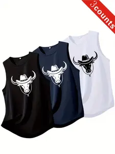 3 Count Men's Cowboy Bull Print Sleeveless Tank Tops, Loose Fit Casual Western Style Tops, Breathable Crew Neck Workout Shirts for Men