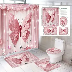 1/4pcs Charming Pink Butterfly Bathroom Decor Set with Ruffled Valance Shower Curtain Sets, Glittering Gem Accents, Coordinating Bathroom Mats & Toilet Lid Covers - Perfect for a Romantic, Glamorous Home Makeover!