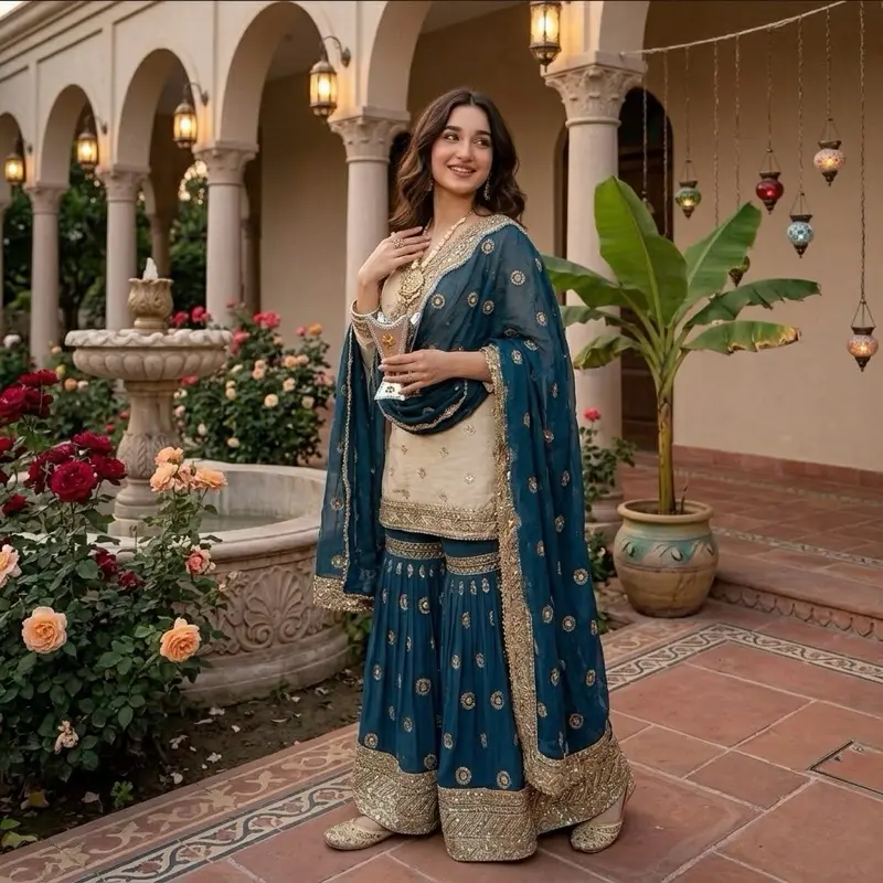 Elegant Indian and Pakistani Dress with Blue and Gold Embroidery for Special Occasions, various colors Long Sleeve