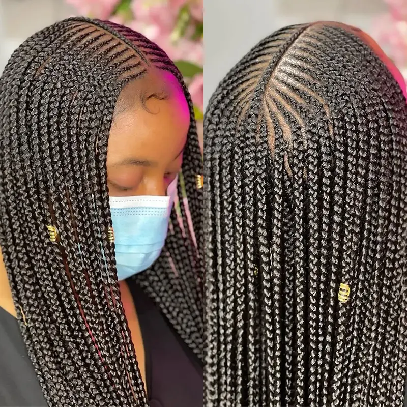 Middle Part Braided Wig, 32" Synthetic Full Lace Wigs For Black Women , Knotless Box Braiding Wig With Baby Hair, Lightweight Cornrow Braids Lace Wigs