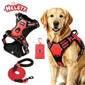 HELETY Dog Vest Harness and Leash Set, 3-in-1 Red No-Pull Design with Anti-Escape Safety Lock, 3M Reflective Strips, 4-Point Adjustable for Small/Medium/Large Dogs, Oxford Fabric, Night Walk Safety, Travel-Ready, Poop Bag Holder, Indoor Strap Protection