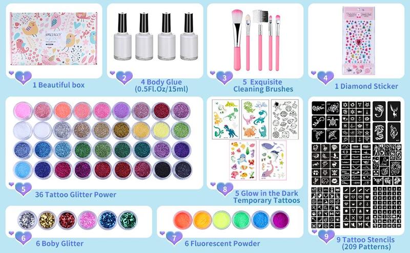Temporary Glitter Tattoo Kit for Kids & Adults, 42 Glitter & 6 Fluorescent Color, 209 Stencils, 4 Glue, 5 Brushes, 1 Diamond Sticker, Safe & Easy Removal Face Body Art Birthday Party Supplies