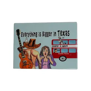 Everything is Bigger in Texas Rectangle Magnet with Guitar and Bus Design Austin Texas Theme Keepin' it Weird Cartoon Art Featuring Unique Austin Charm and Music Culture