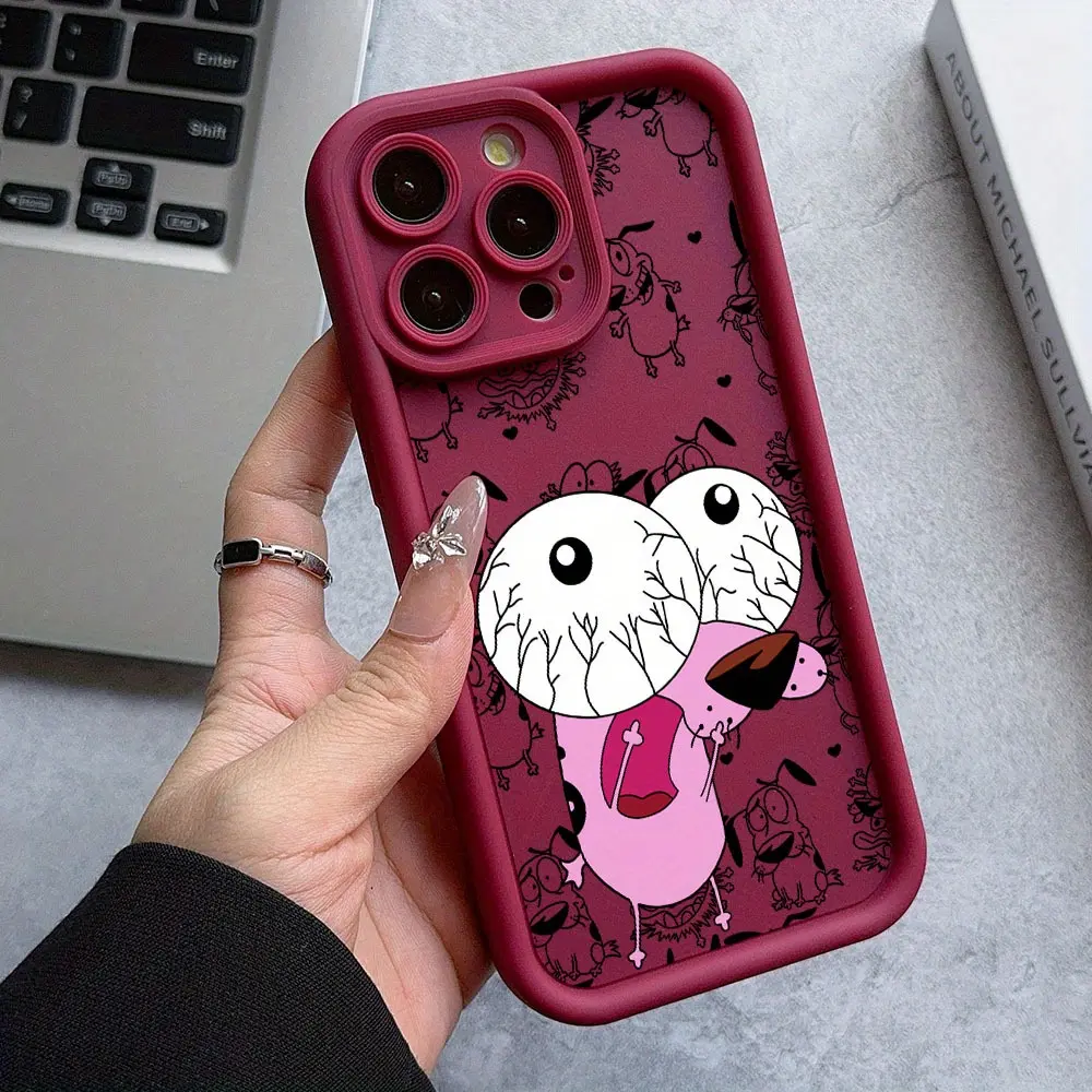 Courage The Cowardly Dog Pink Smartphone Casing - Burgundy Soft Shell, Ladder Lens Protection, Minimalist Full Edge Shockproof Cover Compatible with iPhone 16,16E,15,14,13,12 Mini,11 Pro Max,X,XR,XS Max,8,7 Plus for Handheld Cellphone Devices, Accessories