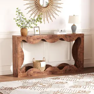 Garvee Scalloped Console Table - Slim Wooden Modern Sofa Table with Storage Shelf, Perfect for Entryway, Hallway, Living Room, Apartment - Rustic Brown Finish