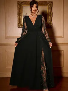 Elegant Plus Size Deep V Neck Lace Patchwork Long Dress, Womenswear, High Slit, Casual Fitted, All Seasons, Perfect for Graduation, Holidays, Parties