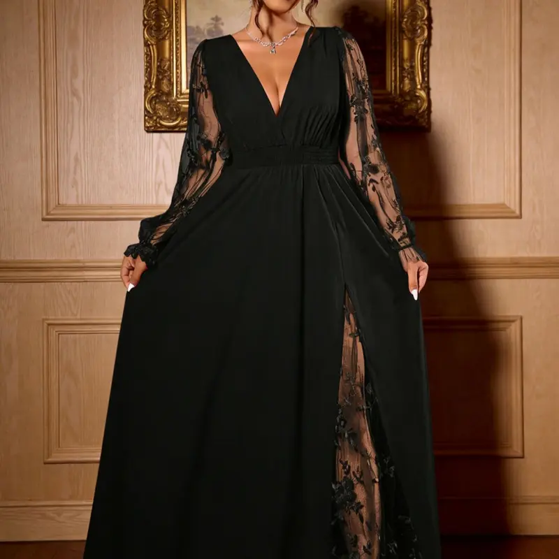 Elegant Plus Size Deep V Neck Lace Patchwork Long Dress, Womenswear, Lady, High Slit, Casual Fitted, All Seasons, Perfect for Graduation, Holidays, Parties, Elegance