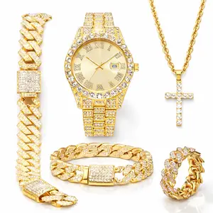 Men’s Iced Out 5-Piece Rhinestone Jewelry Set – Gold Plated Bling Watch, Cross Pendant Necklace, Cuban Link Bracelet & Ring, Hip Hop Fashion Gift Set for Men