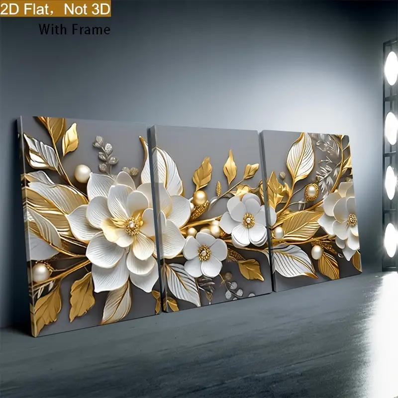 2-Piece Glossy Artistic Floral Paintings Wall Decor Set - Waterproof Wood Frame, Elegant White & Gold Floral Lace, Beaded, Leaf Plant Texture, Home Decor for Living Room, Kitchen