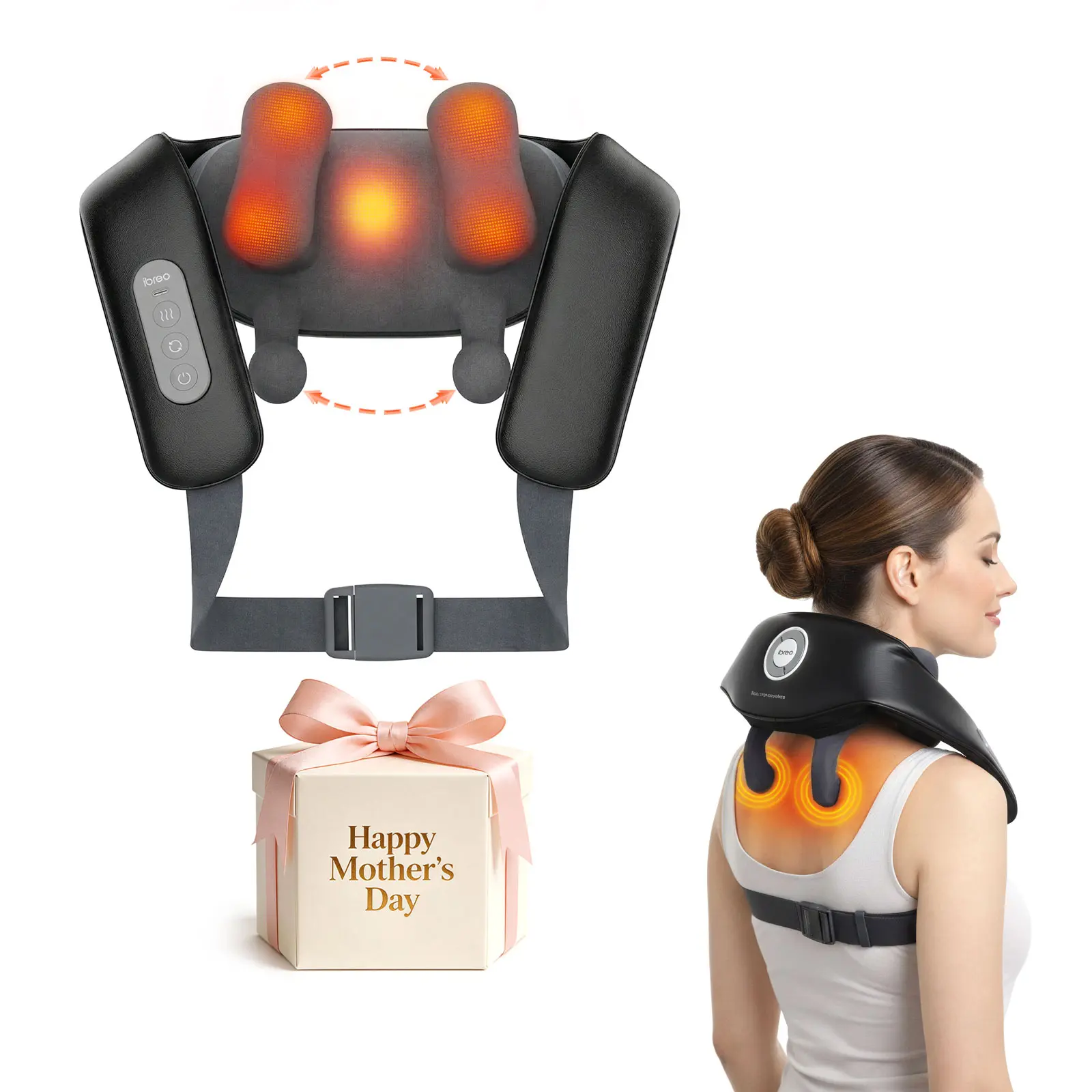 IBREO Wireless 6D Neck & Shoulder Massager with Heat - Deep Kneading for Shoulder Pain Relief, Neck Pain Relief, Adjustable Width for All Body Types, 150-Min Runtime, 4 Modes, 3 Intensities, Unique Gifts for Man