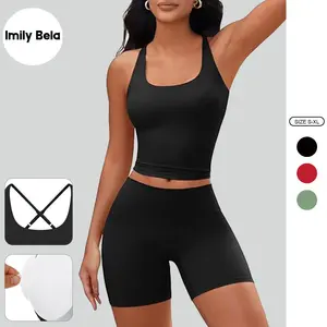 Imily Bela Womens 2 Piece Workout Sets Cross Back Padded Halter Tank Tops High Waisted Biker Yoga Shorts Gym Outfits