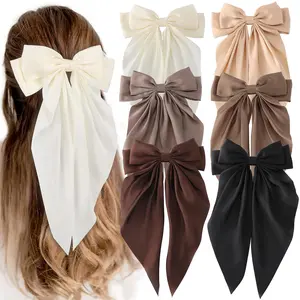6 PCS Hair Bows for Women, Big Bow Hair Clips for Girls, Silky Satin Hair Bows Clips Oversized Long Tail, Large Hair Barrettes Cute Aesthetic Hair Accessories, Metal Bow Hair Clips Neutral