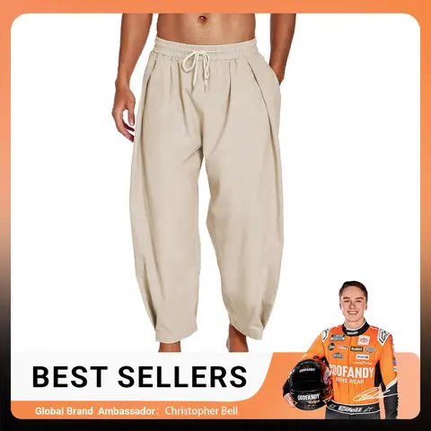 COOFANDY Men's Cotton Linen Harem Pants Drawstring Casual Cropped Trousers Lightweight Loose Beach Yoga Pants with Pockets Skin-friendly Menswear Baggy Canvas Elastic Hippie Soft Suit Underwear Plain Machine Washable Best Sellers