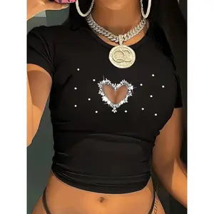 A Stylish And Playful Short-Sleeved T-Shirt for Women Featuring Vibrant Patterns, a Sexy Crop Top Design That Reveals The Midriff, a Snug Round-Neck Fit That Shows Off The Navel, Embodying a Casual Yet Chic Y2K Aesthetic for Women
