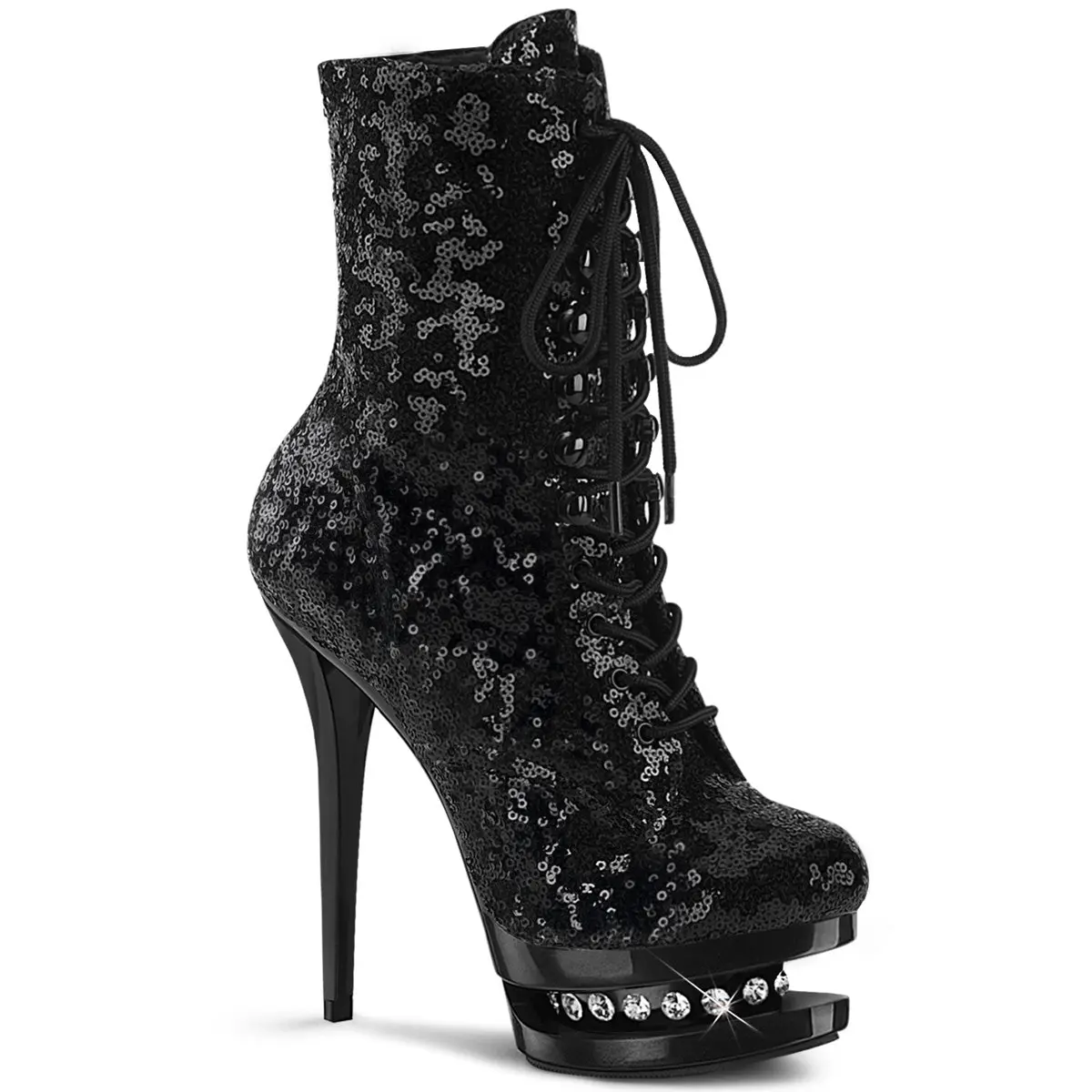 Women's Platform Ankle Boots in Black Sequin with a 6" Stiletto Heel, Rhinestone Accents, Lace-Up Front & Side Zip, Boot