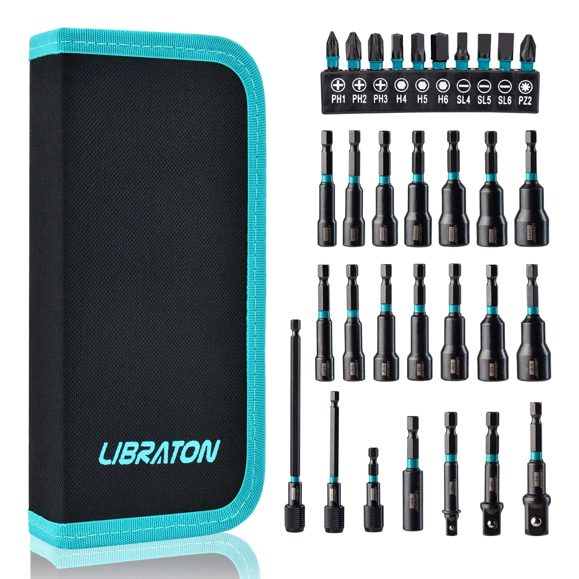Libraton 31PCS Magnetic Nut Driver Set, Impact Drill Driver Bit Set 1/4", Metric and SAE Nut Driver, Screwdriver Bits, Impact Socket Adapters, Bit Holder, Quick-release Extensions with Storage Bag
