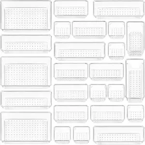 25 PCS Clear Plastic Drawer Organizers Set, 4-Size Versatile Bathroom and Vanity Drawer Organizer Trays, Storage Bins for Makeup, Bedroom, Kitchen Gadgets Utensils and Office