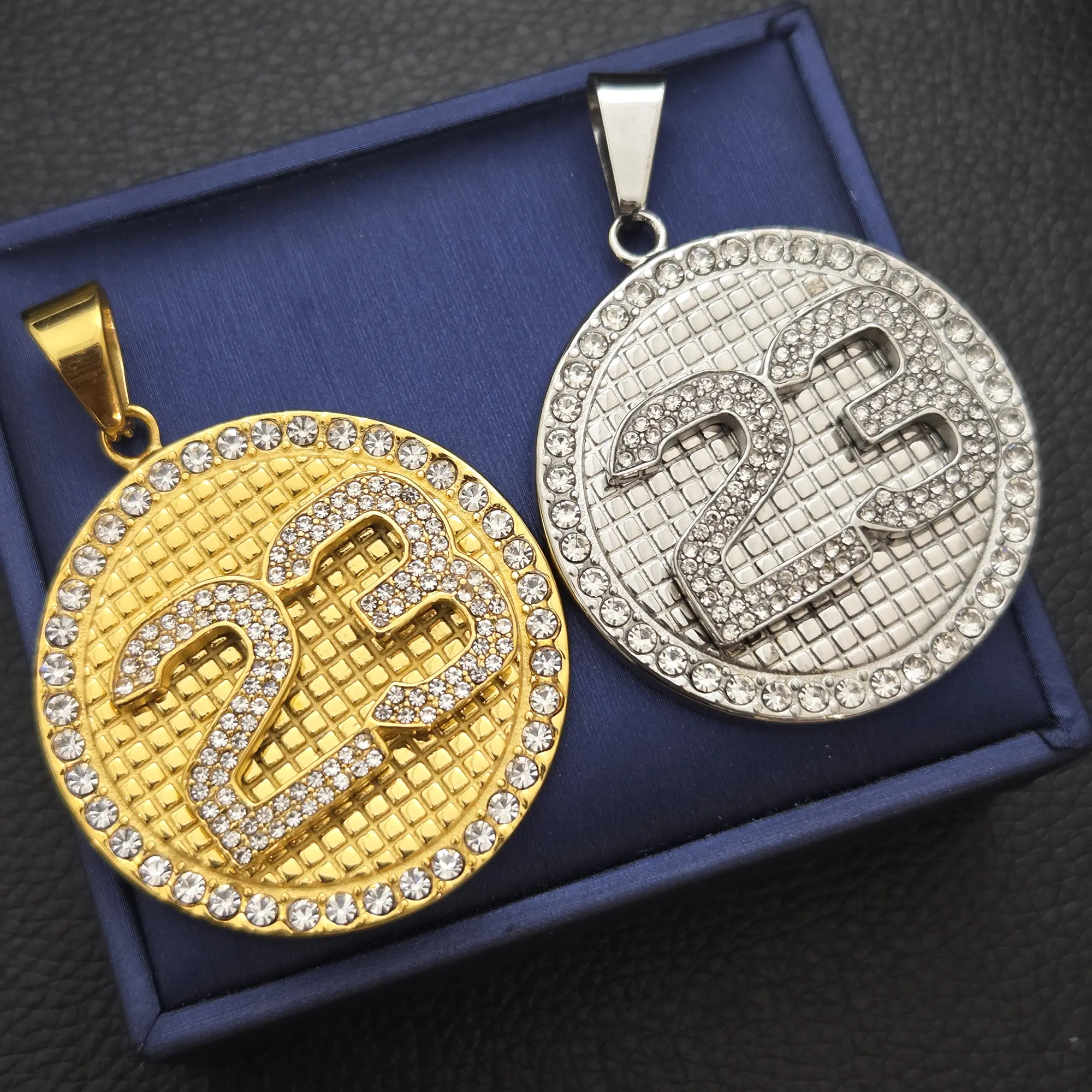 MaxBling81 Iced Hip Hop Jewelry Stainless Steel Gold / Silver Tone Number 23 Medal CZ Charm Pendant Fashion