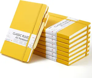 8 Pack Journal Notebook Bulk for School, Hardcover Business Notebooks Classic Ruled Lined Journals with Pen Holder for Work Note Taking, with 8 Black Pens, 120 GSM, 5.1x8.3, A5, Yellow