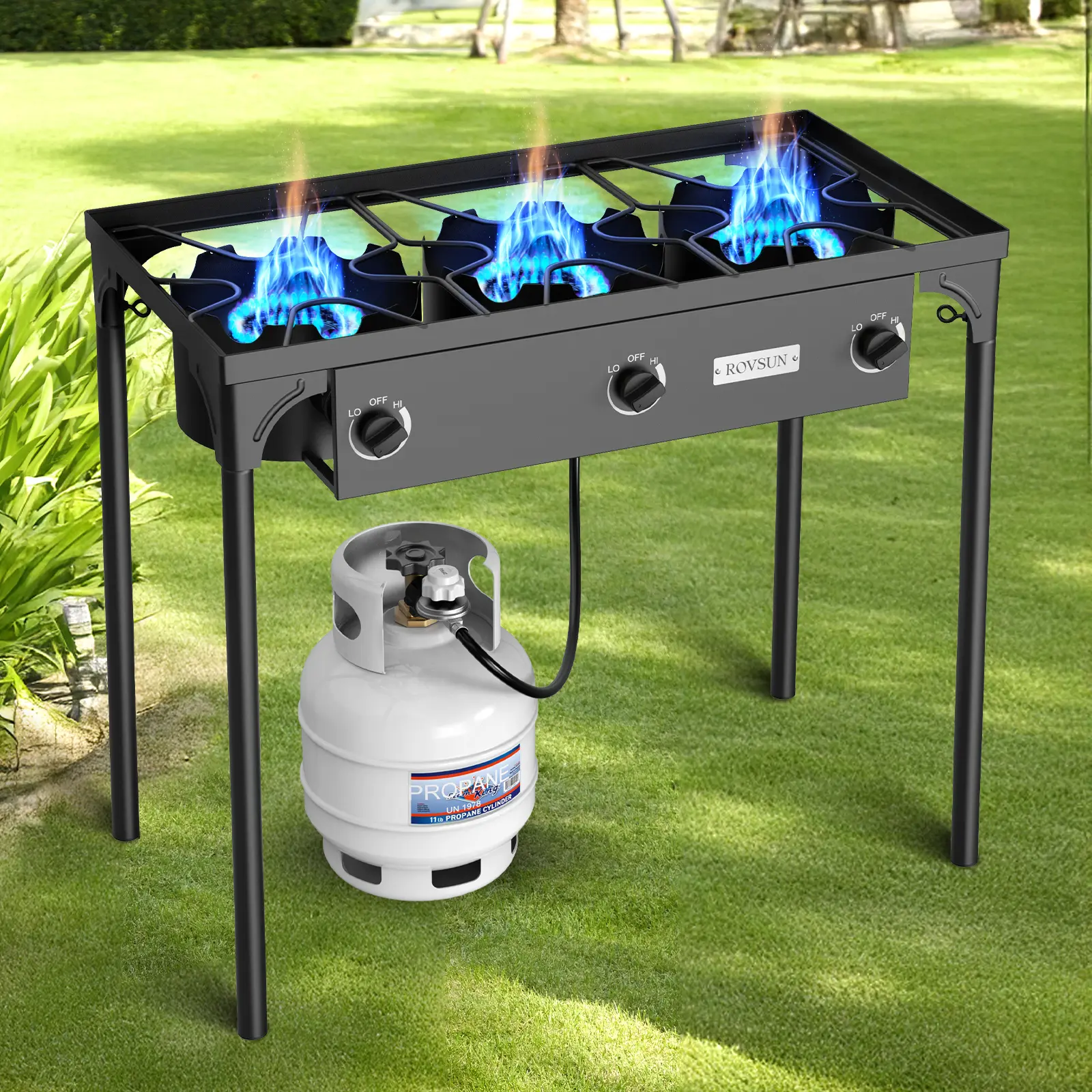 ROVSUN 1/2/3 Burner Propane Gas Stove, 75000BTU/150000BTU/225,000 BTU High Pressure Outdoor Camping Burner with CSA Listed Regulator, Picnic Cooker Perfect for Home Brewing Maple Syrup Patio Turkey Frying Canning Grill Torch Butane Gas Bottle
