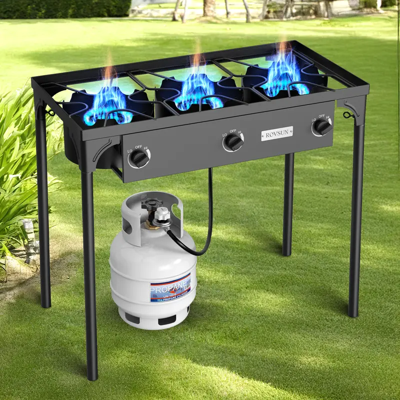 ROVSUN Reinforced Iron-Feel Solid Outdoor Portable Propane Stove - 1/2/3 Burners (Dual-Burners Option), CSA Listed Regulator, Adult Height, Detachable Legs, 75000/150000/225000 BTUs, Freestanding Grill Torch for Camping Equipment