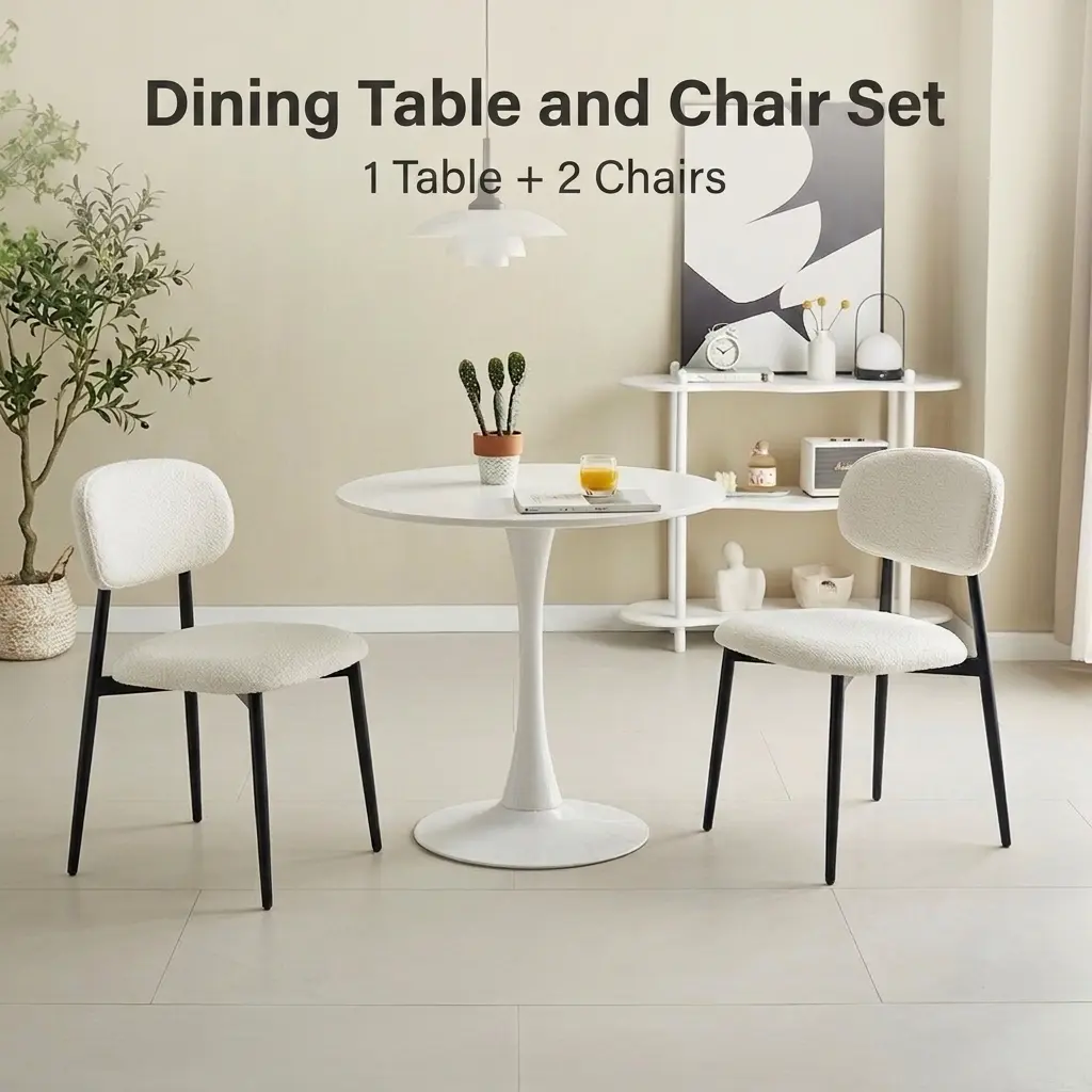 AshHaven 3-Piece Round Dining Table Set - Modern Compact Multi-Part Piece Dining Room Set, Easy Assembly Kitchen Breakfast Nook Table with 2 Upholstered Fabric Chairs, Space-Saving Apartment Furniture (White+Beige), Compact Table And Chairs Dining Room Se