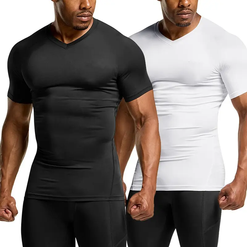 1/2/3/4 Pack Men V-neck Compression Short-sleeve Quick Dry Breathable Body Shaper Shapewear Workout Sports Tank Top Vest Athletic Shirts Fabric Comfy Stretchy Soft Undershirt Sportswear
