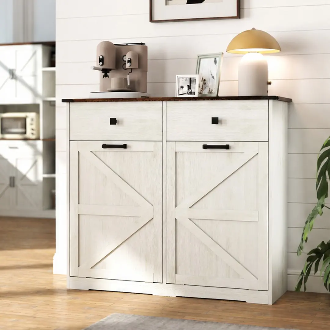 ARCH Farmhouse Double Tilt Out Trash Cabinet, Free Standing Recycling & Laundry Sorter with Hideaway Drawer, Barn Door Style, Holds 2 x 10 Gallon Cans, Engineered Wood, Brown + Antique White, Multiple Color Options, Kitchen, Laundry Room