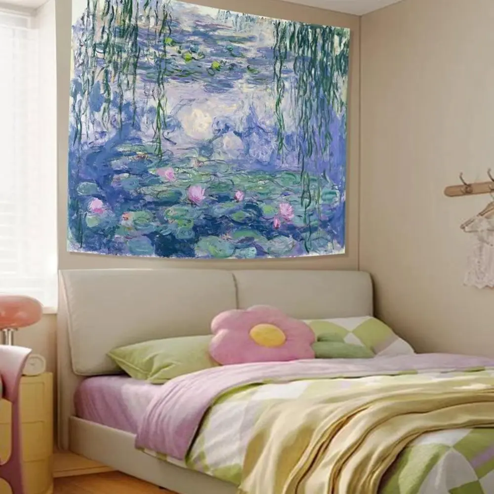 Retro Monet Waterlily Synthetic Wall Tapestry Print - Blue Floral Watercolor Plant Room Art, Decorative Indoor Hanging for Bedroom, Soothing Wall Decor, Machine Washable Gift