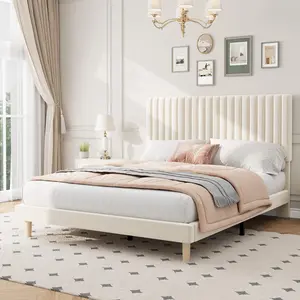 Soft Upholstered Bed Frame – Adjustable Headboard – Vertical Channel Tufted – Strong Wooden Slats – No Box Spring Required – Easy Assembly – Available in Queen, Full, and King – Colors:  Beige