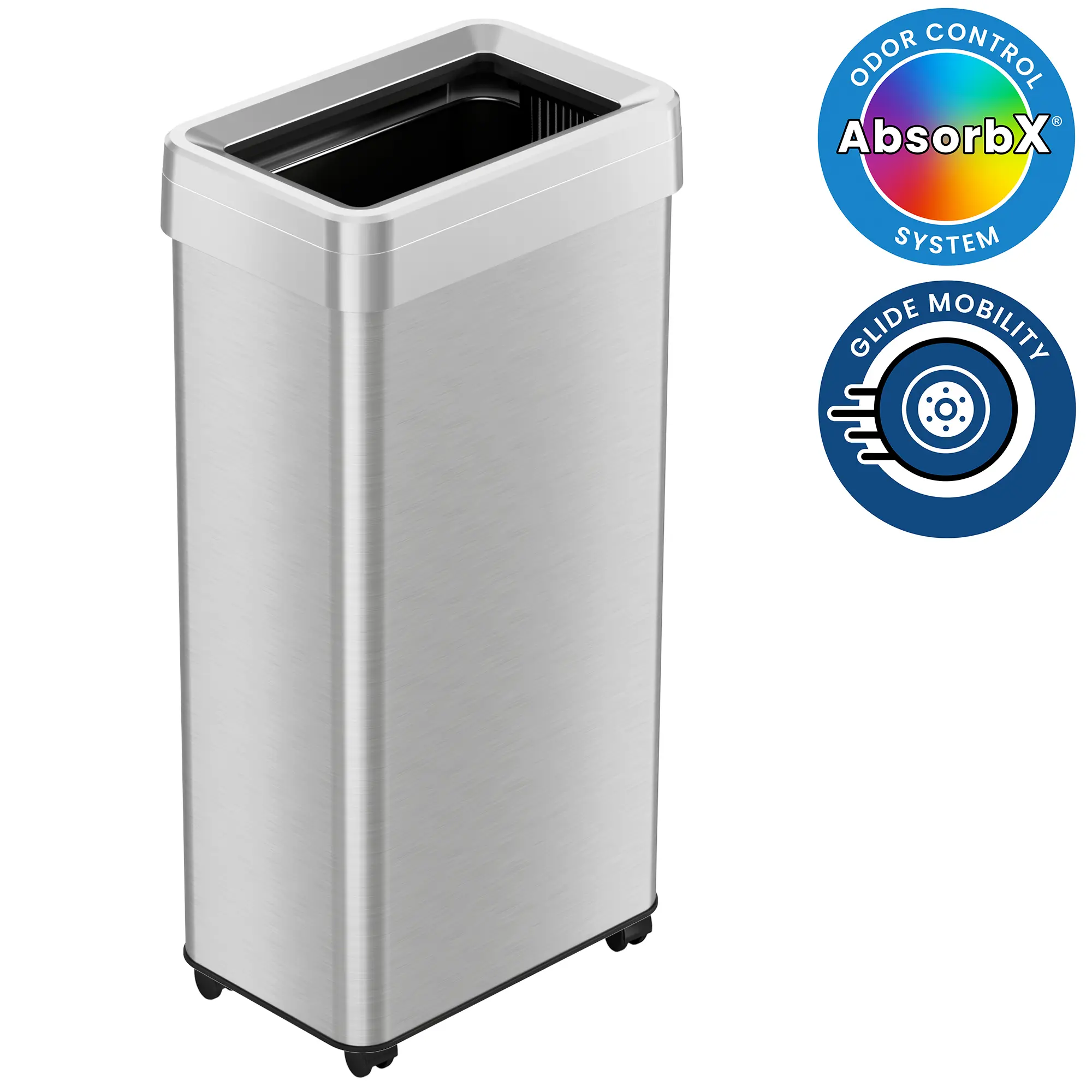21 Gallon / 80 Liter Rectangular Open Top Kitchen Trash Can with Wheels Stainless Steel Bin With Odor Filter