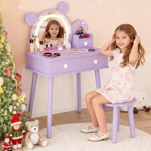 Purple Kids Vanity Set with Lights,Bear-Shaped Make Up Vanity Desk with Mirror&Stool,Wooden Princess Toddler Make Up Table Set for Bedroom,Pretend Play Vanity Sets for Little Girls