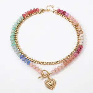 Dopamine Colorful Beaded Necklace Ethnic-Style Collarbone Chain with Stackable Heart Pendant for Stylish Looks and Versatile Jewelry