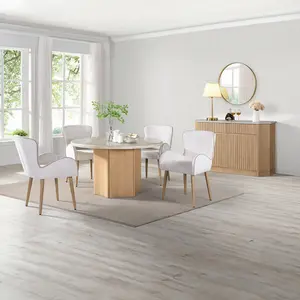 Acme DN02875 5 pc Qwin 52" Round Marble Top Wood Dining Table Set with Oak Finish & White Fabric Chairs for Stylish Dining Experience