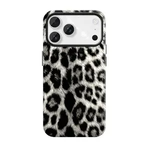 White Grey Leopard Phone Case, Chic Animal Print Design, 2 in 1 Double Layer Shockproof Protective Cover, Stylish Durable Gift for Girls, Compatible with iPhone 11-17 Pro Max/Plus and Samsung Galaxy S22-25