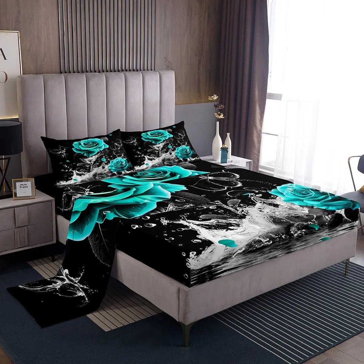 Feelyou Teal Rose Microfiber Fitted Sheet Set - Romantic Floral Blossom Soft Bedding Sheet, Breathable Durable Black Teal Reflection on Water Theme Bedding for Adults, Microfiber Bed Sheet, Breathable Durable Sheets